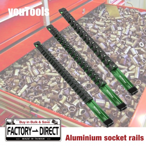 Socket Organizer 54 Clips1/4 3/8 1/2 3 Aluminum Rails GREEN Anodized Lightweight