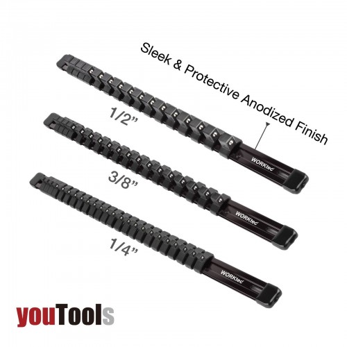 Socket Organizer 54 Clips1/4 3/8 1/2 3 Aluminum Rails BLACK Anodized Lightweight