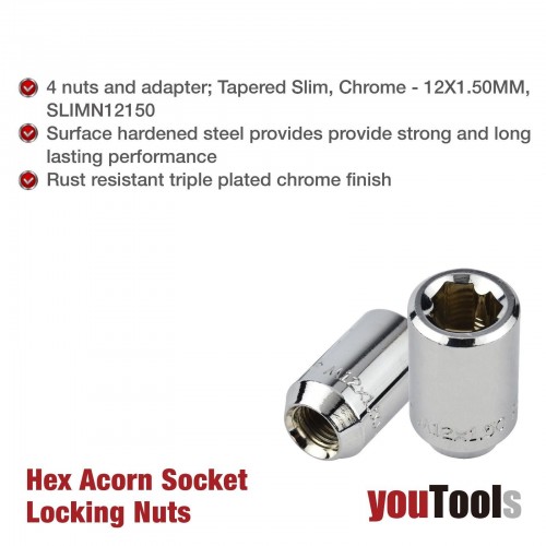 4+1 Wheel Locking Nuts M12x1.5mm L33mm Slim Taperred Adaptor